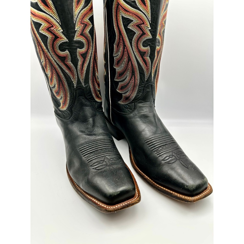 Justin 2660 Cowboy Boots Mens 10.5 D Black Leather Flame Stitch Square Toe